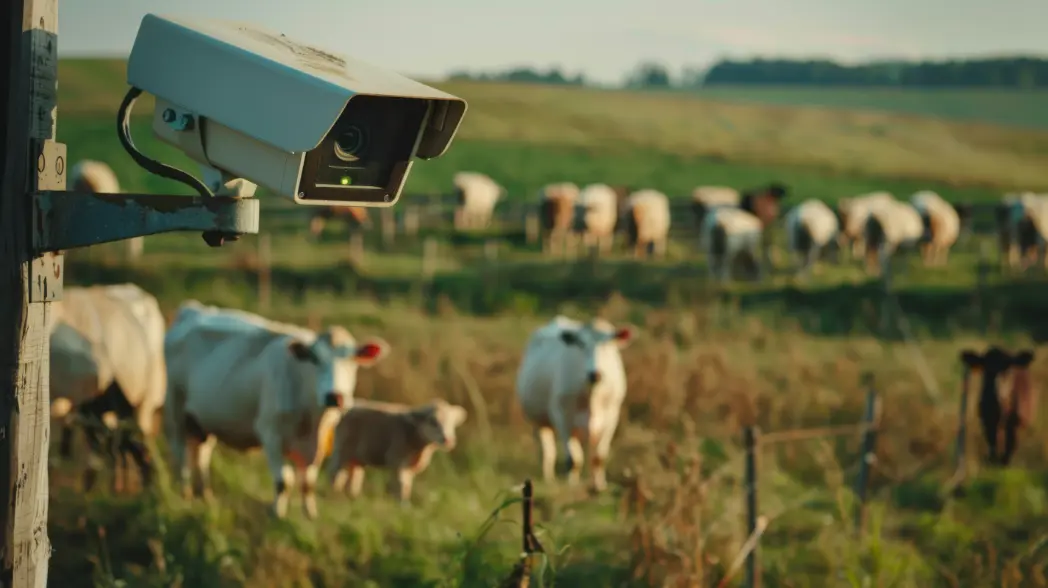 surveillance-camera-oversees-serene-pasture-where-cows-graze-morning-sun-blending-technology-with-nature-rural-setting